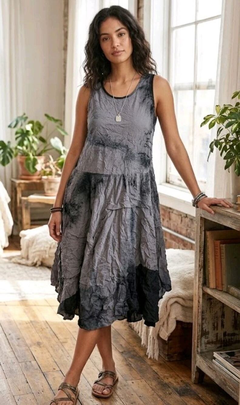Women's Comfy USA Blue Gray Tie Dye Color Block Sleeveless Dress Art to Wear S